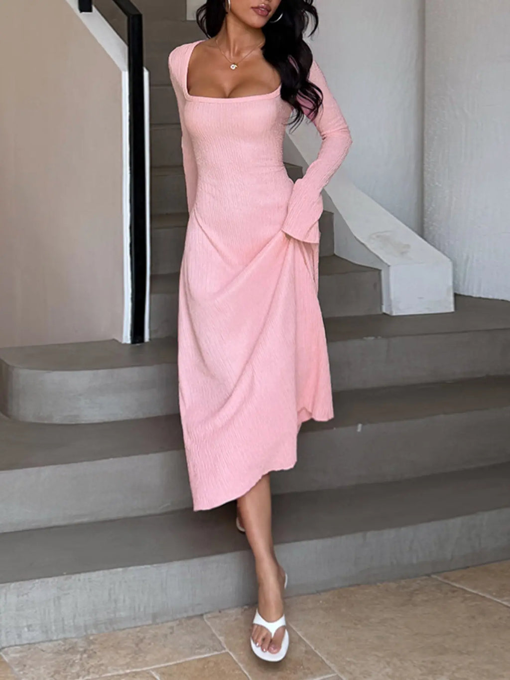 Women's Plain Lace Up Tie Back Flounce Sleeve Dress, 1 Count Chic Elegant Aesthetic Fit Square Neck Long Sleeve A Line Formal Wear Wedding Outfit Dress for Party Holiday Wedding Guest, Ladies Spring&Fall Clothes