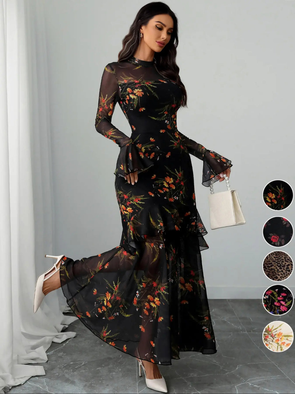 Women's Floral Print Chic Dress, Elegant Gothic Long Sleeve Dress for Party Holiday Wedding Guest, Ladies Clothes for All Seasons #GLOBAL PICKS