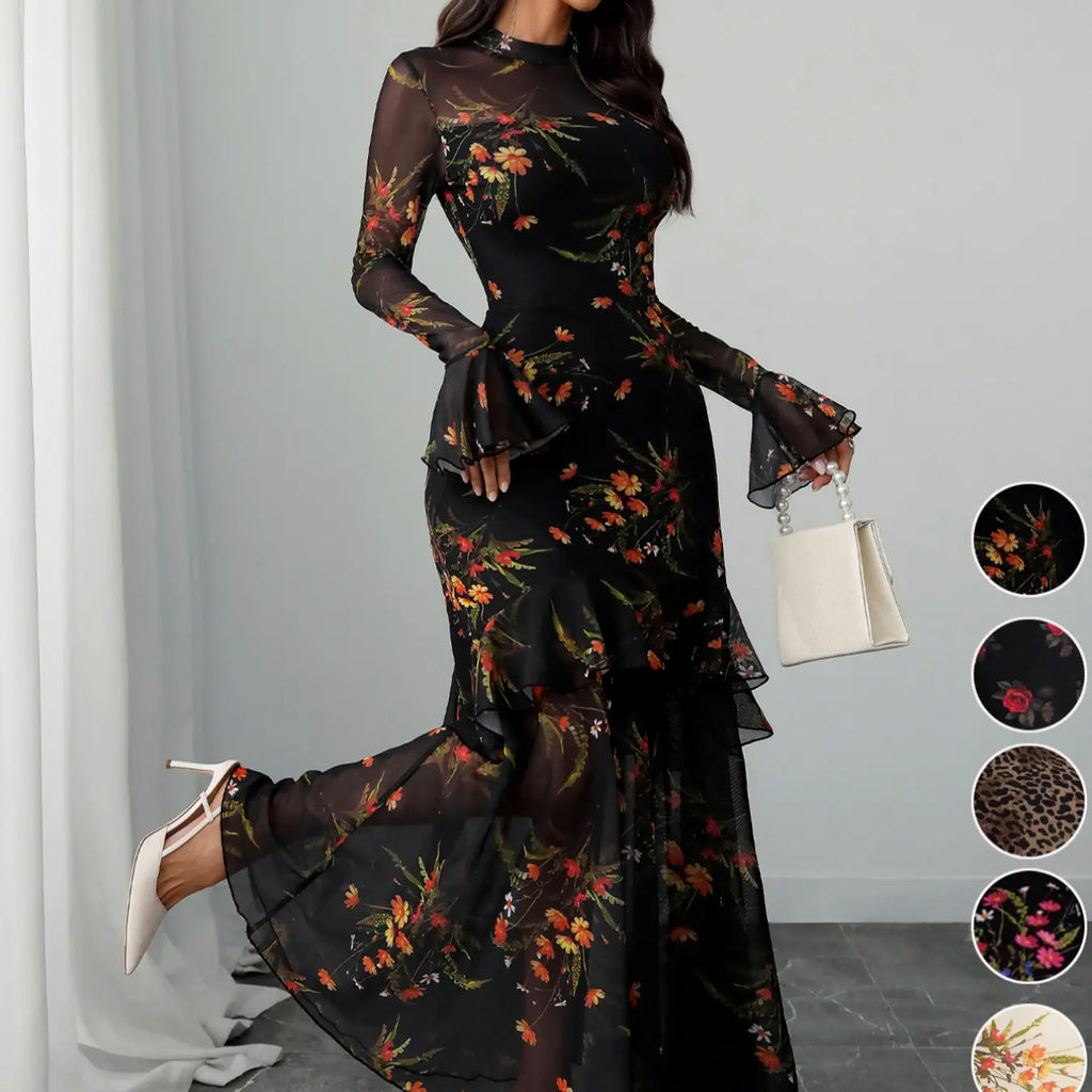 Women's Floral Print Chic Dress, Elegant Gothic Long Sleeve Dress for Party Holiday Wedding Guest, Ladies Clothes for All Seasons #GLOBAL PICKS
