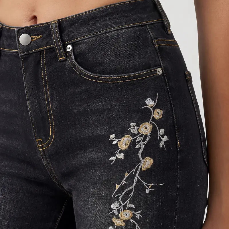 EMMIOL Women Mid Low Rise Bell Bottom Jeans Stretchy Flare Denim Pants Embroidery Vintage Y2K 90s Streetwear SohoChic【Back to School】