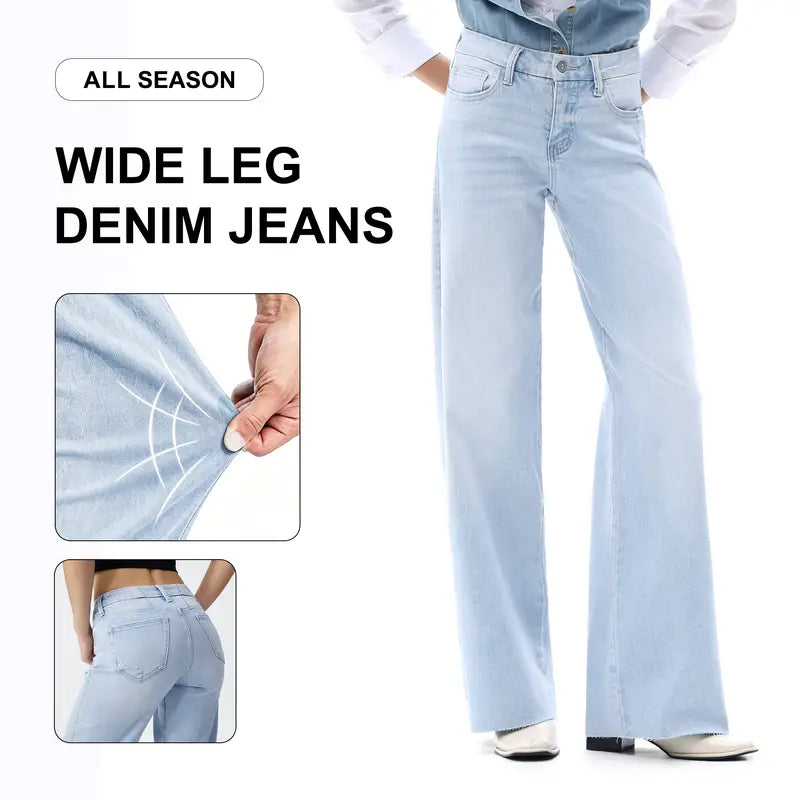 Freya ONESO Women Mid Rise High Stretchy BBL Jeans Butt Lifting Wide Leg Raw Hem Denim Pants Tummy Control Spring Basic Minimalist Woman Denim Bottom Comfortable Denim Jeans OSW8019 Plus Size Regular Size Fashion Daily Outfits DIY Inseams #SummerVibes