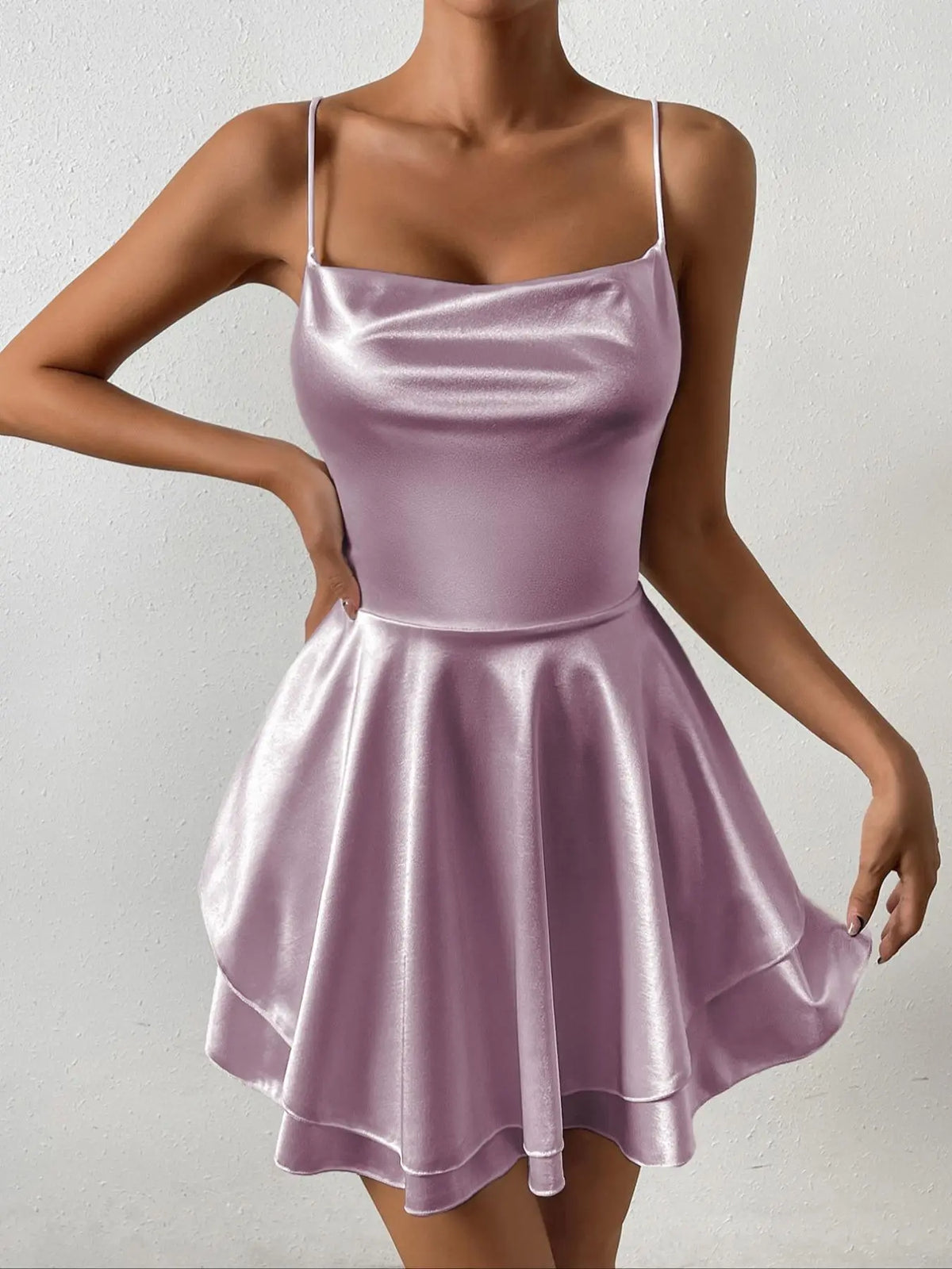 Women's Plain Lace Up Backless Tiered Layer Stretchy Satin Cami Dress, Summer Clothes Women, Womenswear, Elegant Chic Cowl Neck Sleeveless A Line Short Dress for Party Holiday Wedding Guest Evening Formal Wear, Date Night Dresses, Dresses for Women