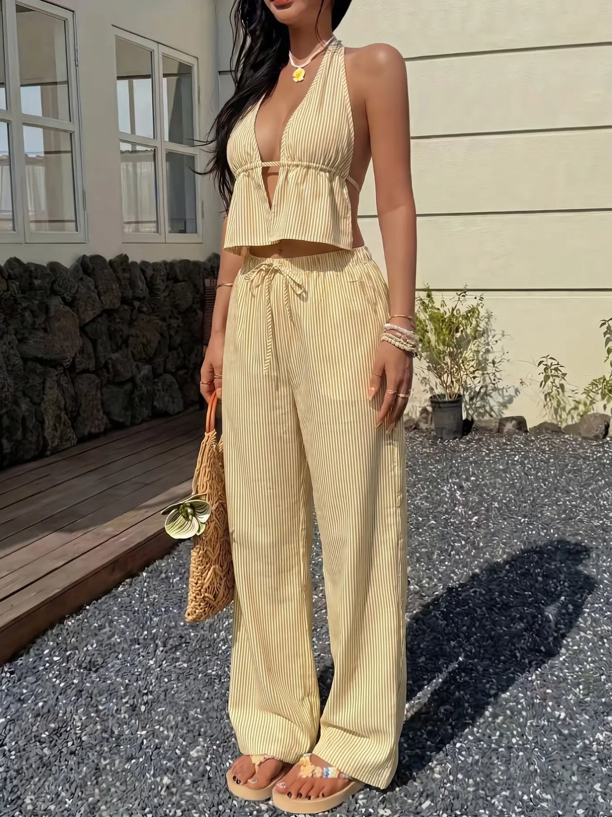 Women's Fashion Striped Halter Backless Top & Long Pants Set Outfit, Matching Outfit Set, Casual Chic Office Style, Perfect for Vacation, Date & Outdoor Wear