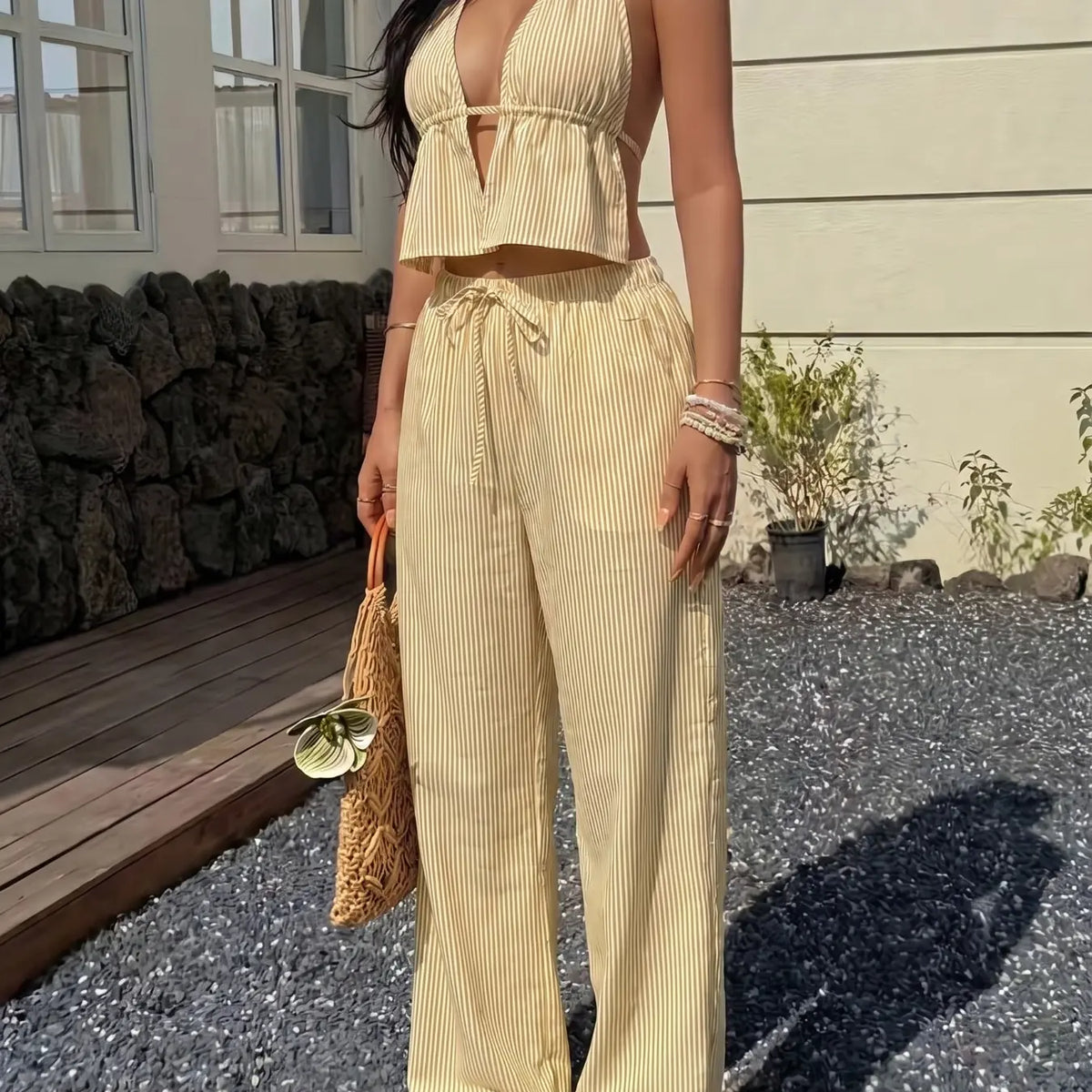 Women's Fashion Striped Halter Backless Top & Long Pants Set Outfit, Matching Outfit Set, Casual Chic Office Style, Perfect for Vacation, Date & Outdoor Wear