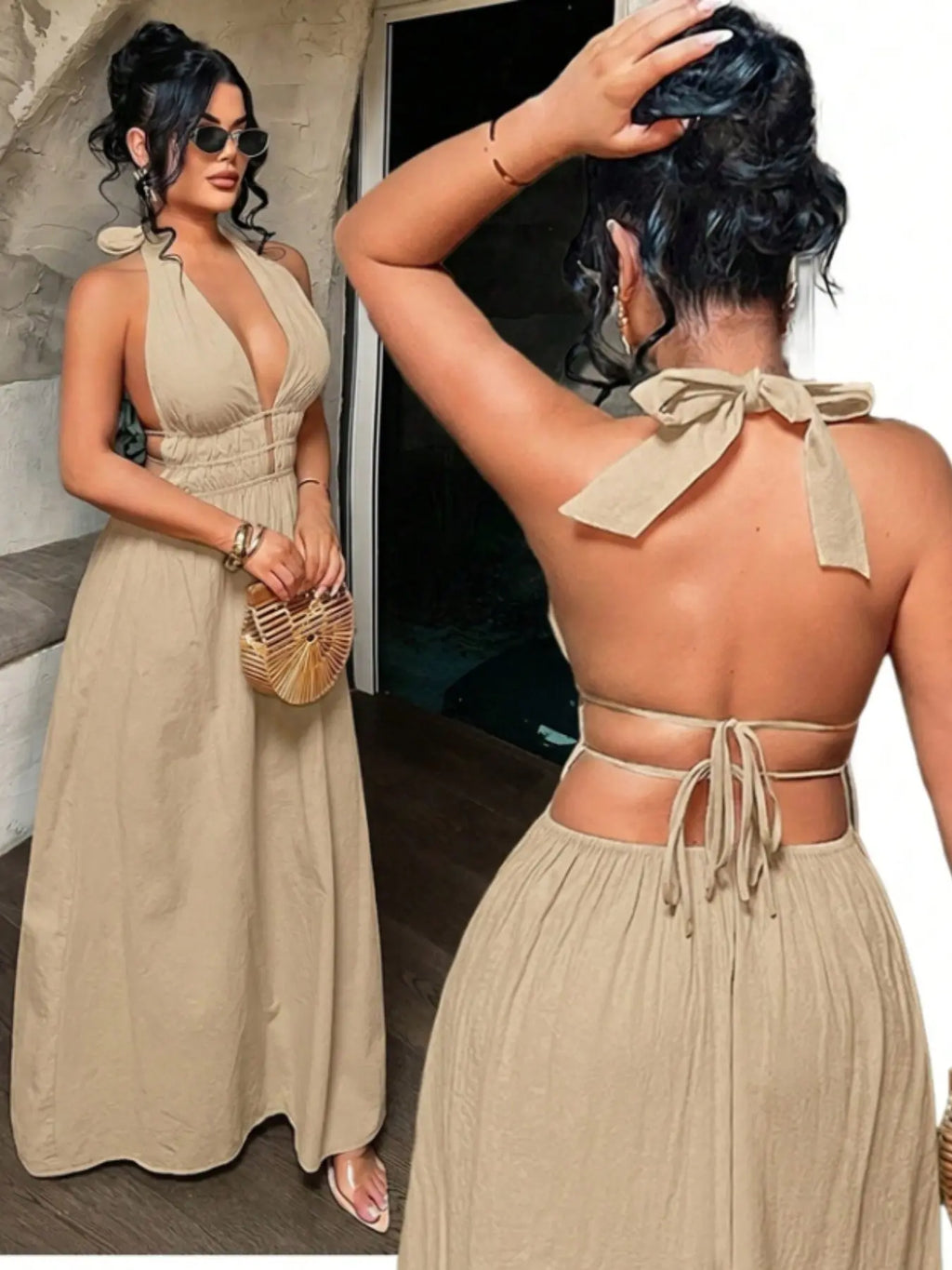 Women's Solid Color Deep V Neck Pleated Design Sexy Dress, Date Night Dress, Essential Summer Fashion Item for Women, Stylish and Alluring Evening Wear