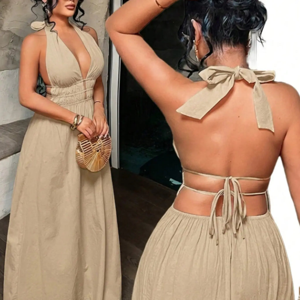 Women's Solid Color Deep V Neck Pleated Design Sexy Dress, Date Night Dress, Essential Summer Fashion Item for Women, Stylish and Alluring Evening Wear