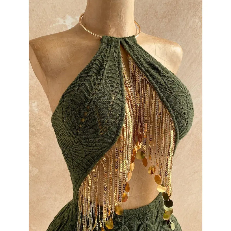 DealsForYouDays Vacation Beach Sequin Tassel Decor Backless Halter Mini Knit Dress, Summer Holiday Outfits , Beach Vacation Outfits For Women, Casual Outfit For Women
