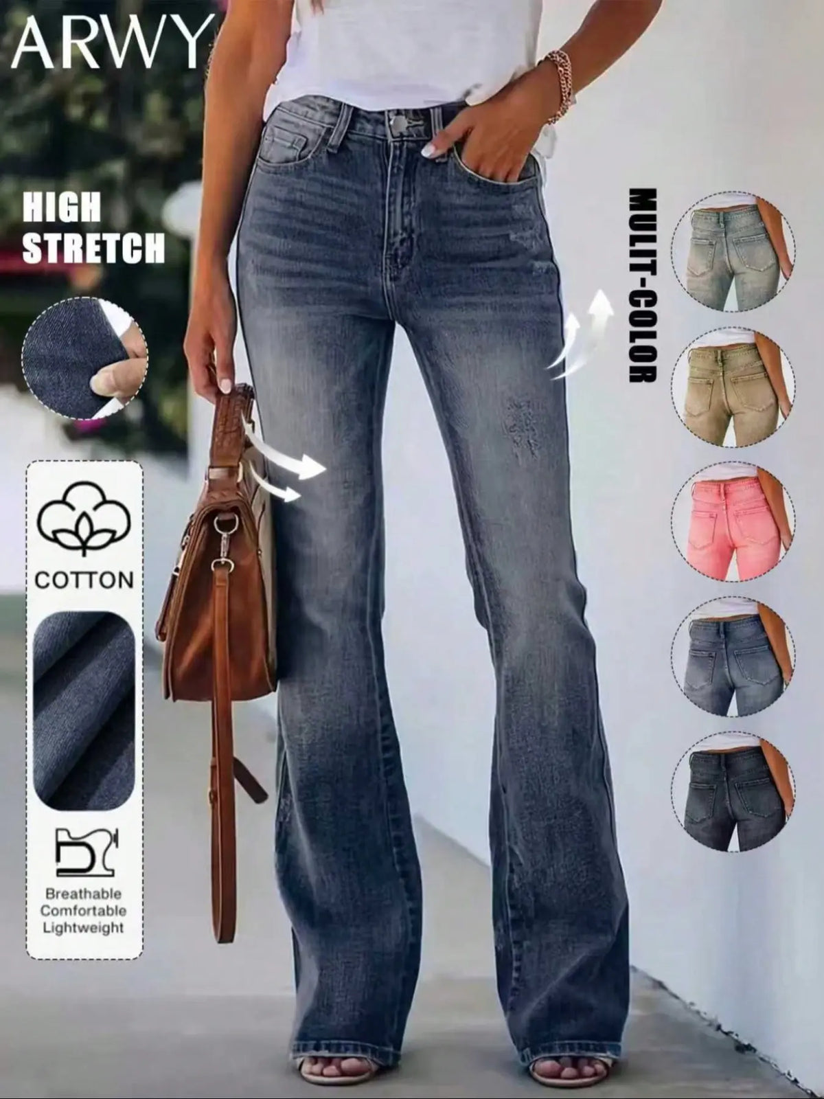 Women's Bohemian Gradient Slim-Fit Flare Leg Denim Jeans for All Seasons, Medium-Wash Denim Mid-Waist Stretchy Pants with Pockets, Womenswear