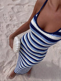 Striped Strapless Knit Long Dress Elegant Women Daily Wear Summer Beach Outfit Sexy Bodycon Slim Fit Midi Dress Fashion Sundress
