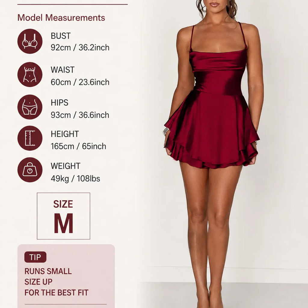 Women's Plain Lace Up Backless Tiered Layer Stretchy Satin Cami Dress, Summer Clothes Women, Womenswear, Elegant Chic Cowl Neck Sleeveless A Line Short Dress for Party Holiday Wedding Guest Evening Formal Wear, Date Night Dresses, Dresses for Women