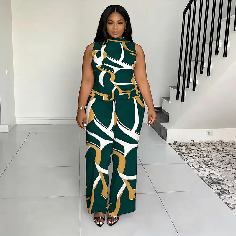 Women's 2026 New Plussize Printed 2-Piece Fashion Apparel Set - High Neck Sleeveless Flattering Tops, Wide Leg Pants, Chic Casual Women's Clothes Cute 2-Piece Sets