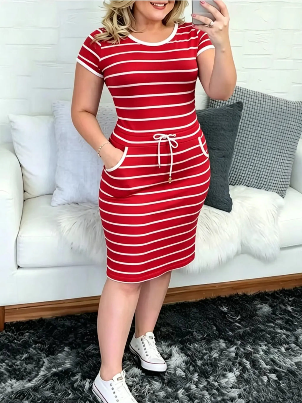 2026 New Casual Fit Double Pocket Lapel Button Plaid Drawstring Bodycon Dress, Stylish and Comfortable Design, Perfect for Daily Wear