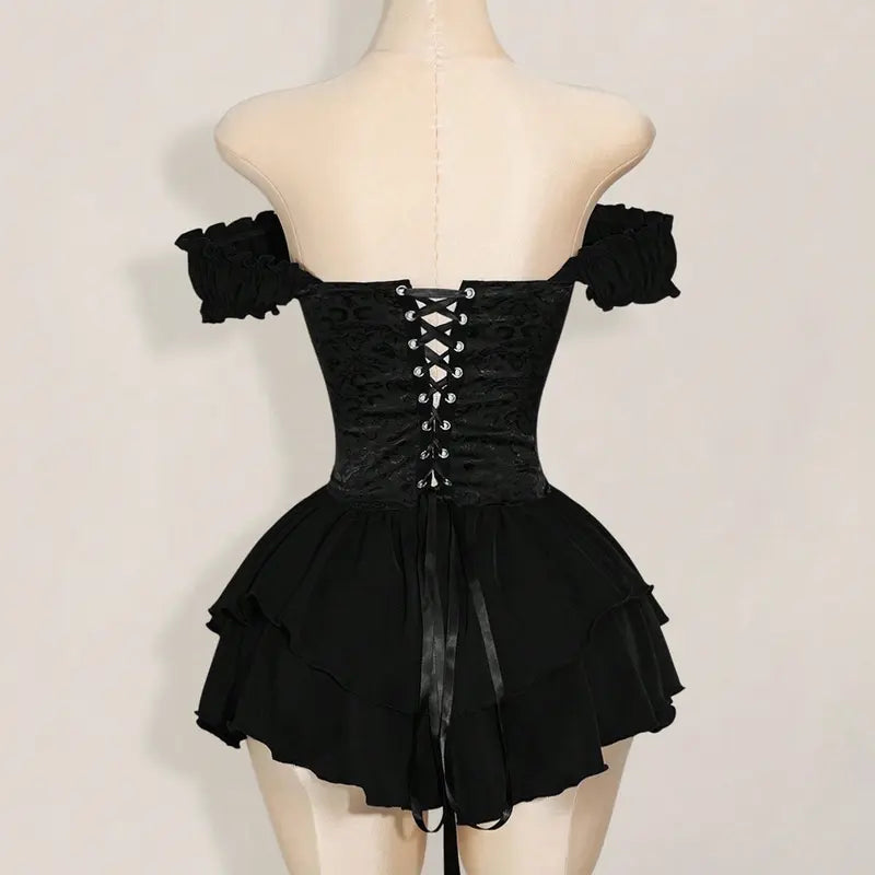 Women's Halloween Gothic Off-Shoulder Chiffon A-Line Mini Dress Costume, Ruched Jacquard Waist, Ruffle Trim, Dark Romantic Spooky Party Outfit