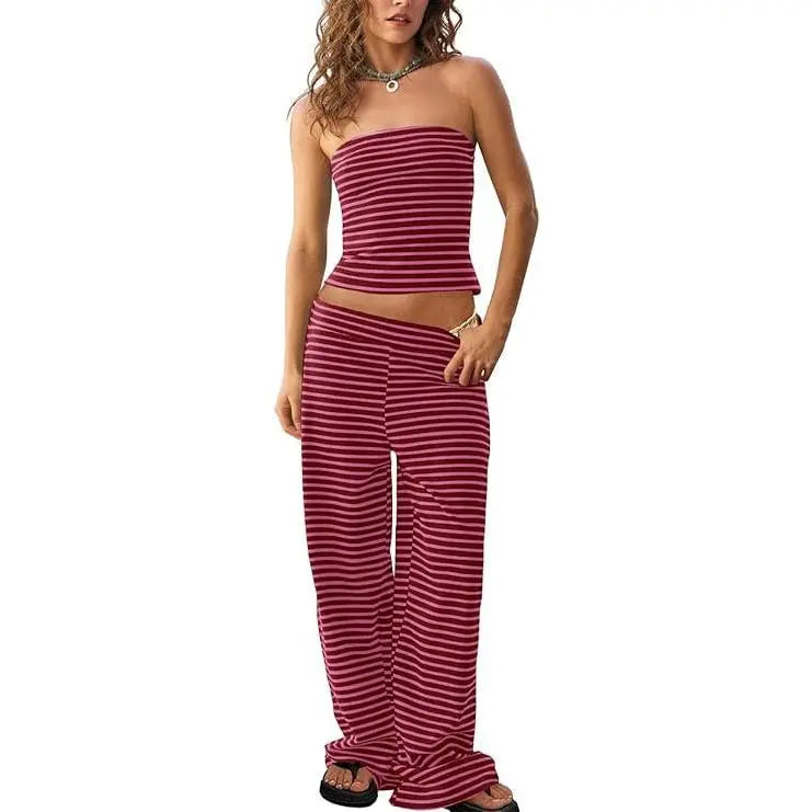 TANKANEO Women's 2-Piece Striped Trendy Clothing Set - Cute Slim Y2K Strapless Tube Top & Wide Leg Pants, Comfortable Casual Spring Summer Outfits (Cute Clothes, Casual Women's Set)