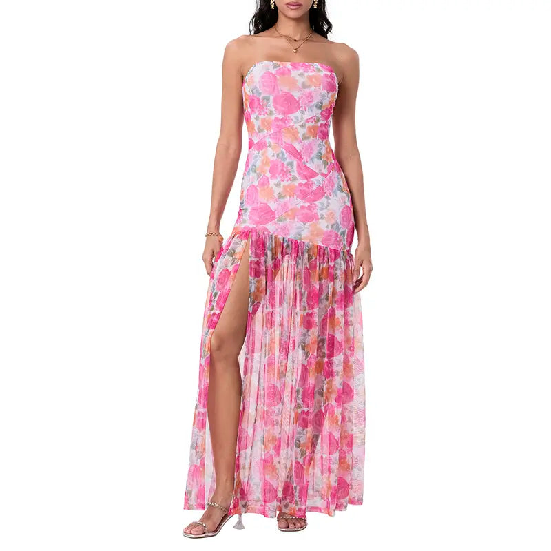 Women Strapless Tube Maxi Dress Tropical Leopard Print High Slit Chiffon Flowy Ruched Bodycon Long Formal Evening Party Gown
