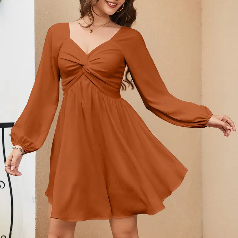 Chicovar Women's Fall Sweetheart Neckline Knot Front Flowy Mini Chiffon Dresses , Lantern Sleeve, A-Line Cut, No Scratchy, No Sheer, Westernfashion, Family Photos, Church, Party, Casual, or Daily Wear, Sohochic Long Sleeve Womenswear