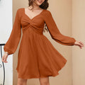 Chicovar Women's Fall Sweetheart Neckline Knot Front Flowy Mini Chiffon Dresses , Lantern Sleeve, A-Line Cut, No Scratchy, No Sheer, Westernfashion, Family Photos, Church, Party, Casual, or Daily Wear, Sohochic Long Sleeve Womenswear