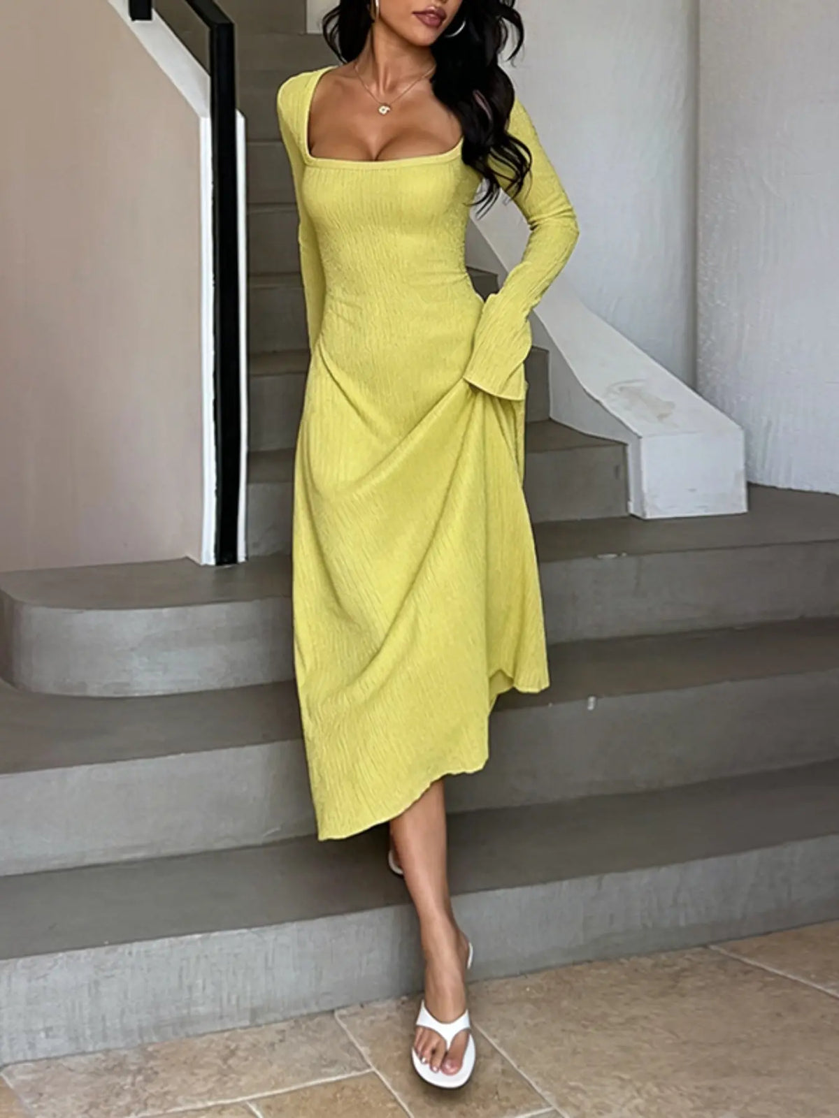 Women's Plain Lace Up Tie Back Flounce Sleeve Dress, 1 Count Chic Elegant Aesthetic Fit Square Neck Long Sleeve A Line Formal Wear Wedding Outfit Dress for Party Holiday Wedding Guest, Ladies Spring&Fall Clothes