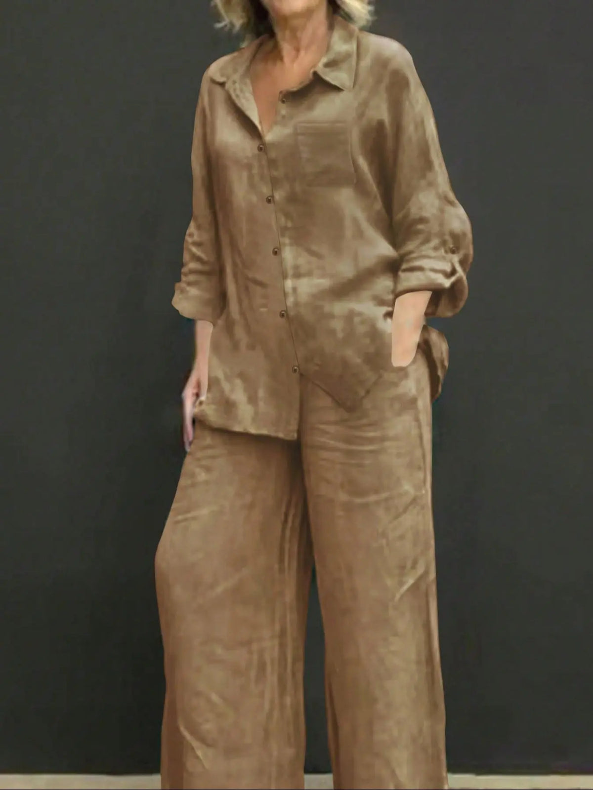 Women's Polo Neck Casual Open Front Long Sleeve Blazer & Loose Fit Elastic Long Pants Set Outfit, Adjustable, Solid Color, Comfortable Soft Fabric