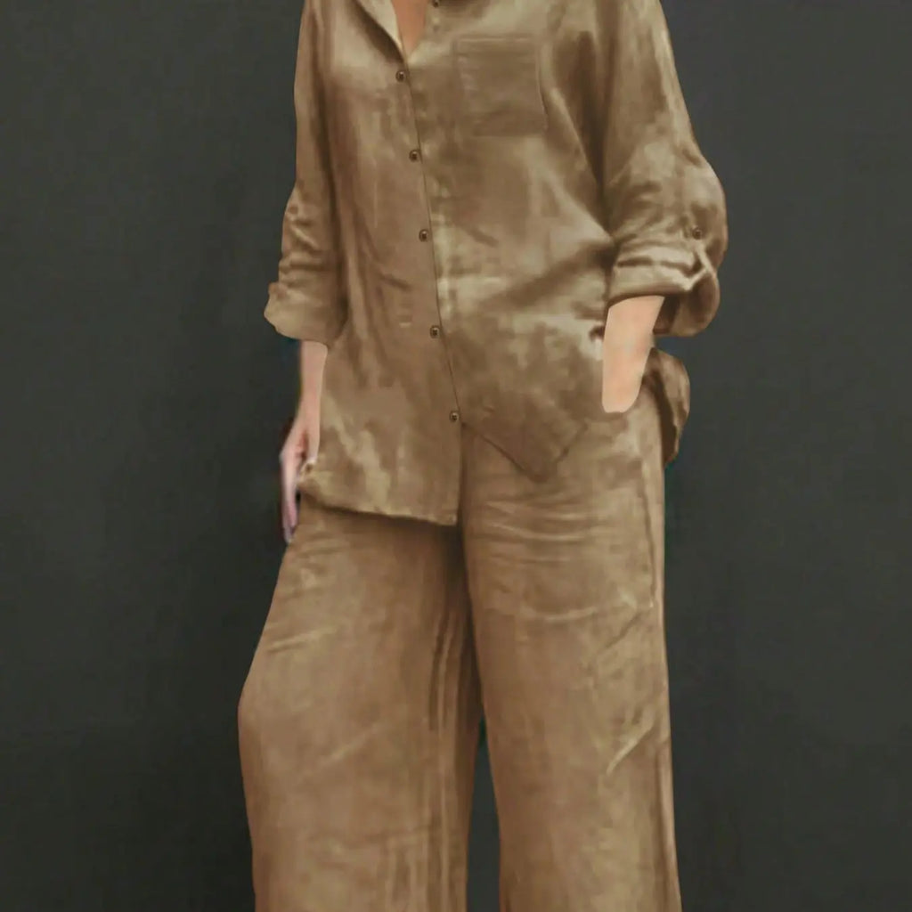 Women's Polo Neck Casual Open Front Long Sleeve Blazer & Loose Fit Elastic Long Pants Set Outfit, Adjustable, Solid Color, Comfortable Soft Fabric