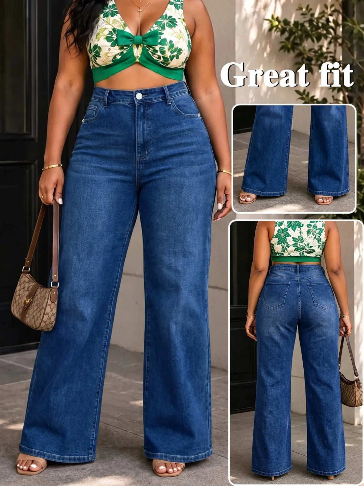 Deep Blue Washed High-Waisted Wide-Leg Denim Jeans, Plus Size Slimming Loose Fit Long Pants, Multiple Colors Available, Fall & Winter Casual Wear