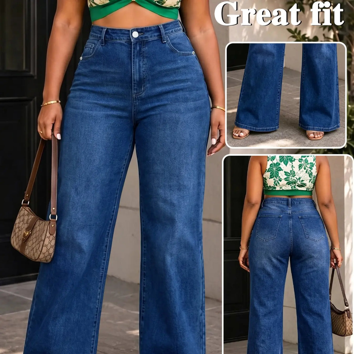 Deep Blue Washed High-Waisted Wide-Leg Denim Jeans, Plus Size Slimming Loose Fit Long Pants, Multiple Colors Available, Fall & Winter Casual Wear