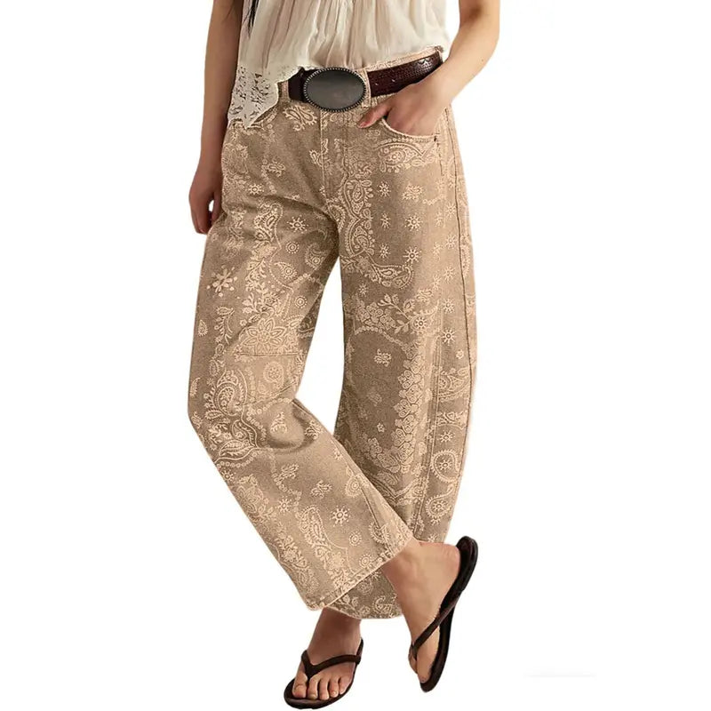 CHOUYATOU Women's Printed Wide-Leg Jeans Y2k Loose Mid-Rise Jeans in Soft Pink with Boho Floral Pattern Casual Denim Trousers