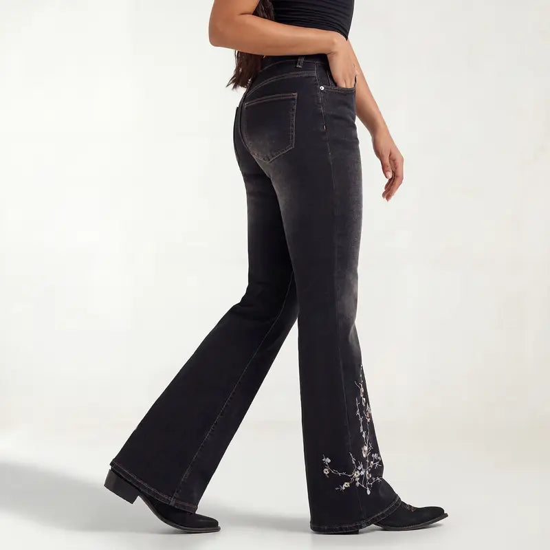 EMMIOL Women Mid Low Rise Bell Bottom Jeans Stretchy Flare Denim Pants Embroidery Vintage Y2K 90s Streetwear SohoChic【Back to School】