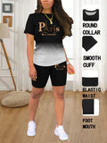 Summer Round Neck Short Sleeve Ombre Printed T-Shirt and Shorts Matching Set Outfit, Casual Long Length Fitted Suit, Plain Surface, 88.2 G/m²