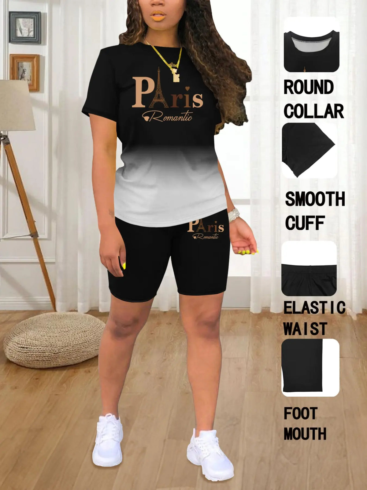 Summer Round Neck Short Sleeve Ombre Printed T-Shirt and Shorts Matching Set Outfit, Casual Long Length Fitted Suit, Plain Surface, 88.2 G/m²