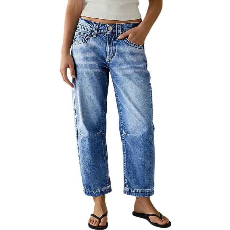 Flamingals Seaming Detail Mid Waist Straight Leg Crop Jeans Stretchy 25.6" Inseam Casual Fit