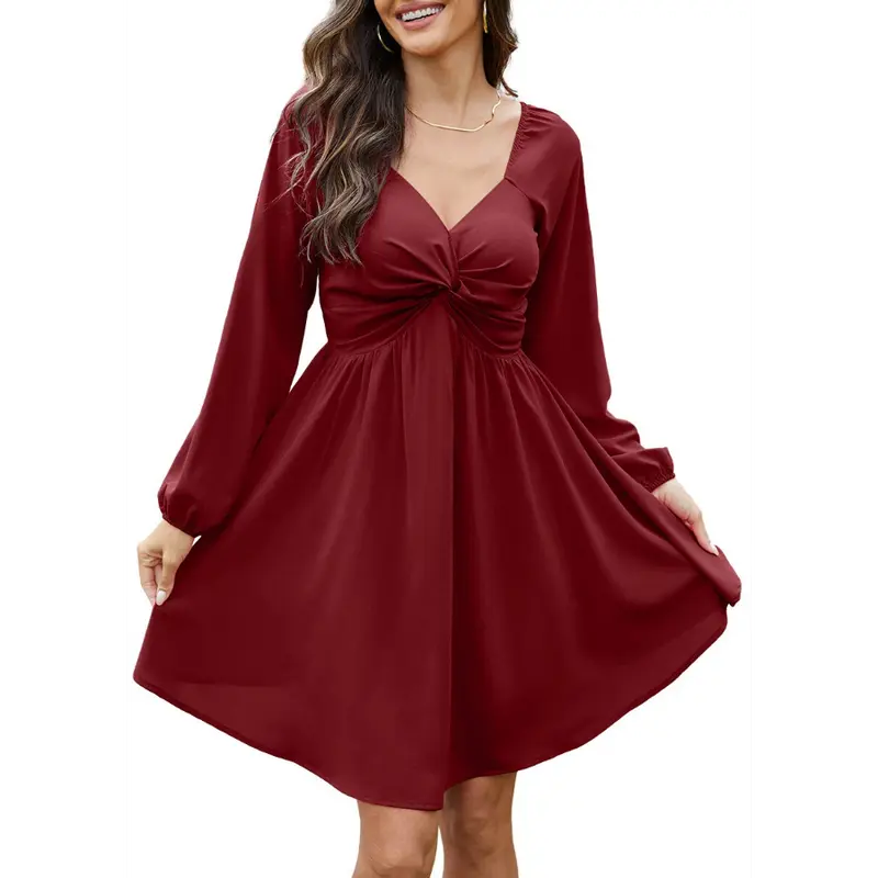 Chicovar Women's Fall Sweetheart Neckline Knot Front Flowy Mini Chiffon Dresses , Lantern Sleeve, A-Line Cut, No Scratchy, No Sheer, Westernfashion, Family Photos, Church, Party, Casual, or Daily Wear, Sohochic Long Sleeve Womenswear
