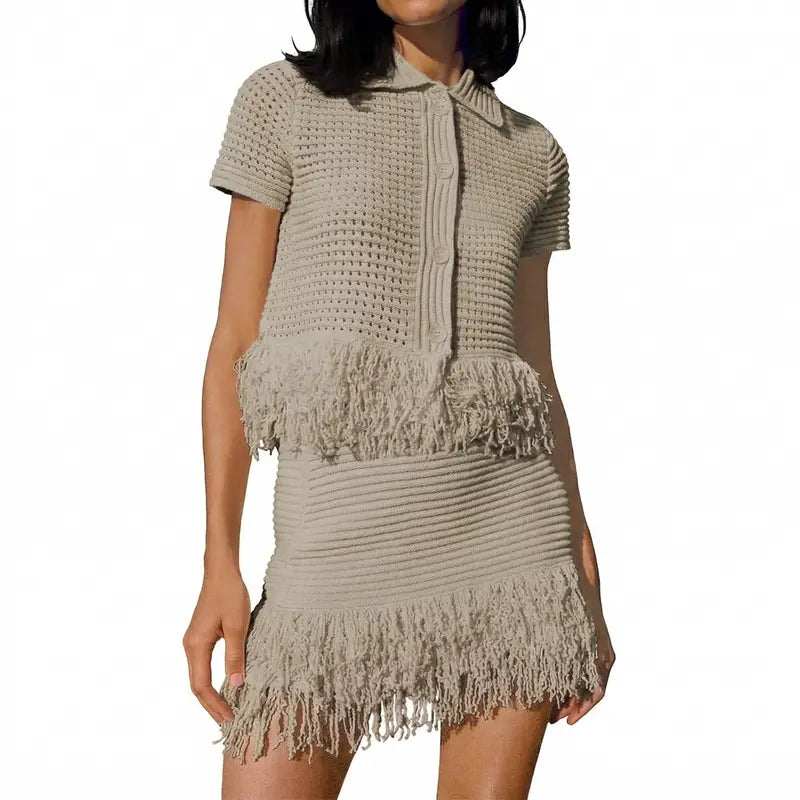 Fisoew Women's Crochet Knit 2 Piece Set, Short Sleeve Button Top with Matching Fringe Skirt, Summer Vacation Beach Cover Up, Shortsleeve, Women's Fashion SohoChic