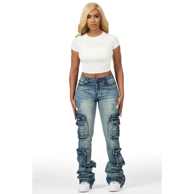 Alisson Dark Wash Tinted Cargo Super Stacked Jean