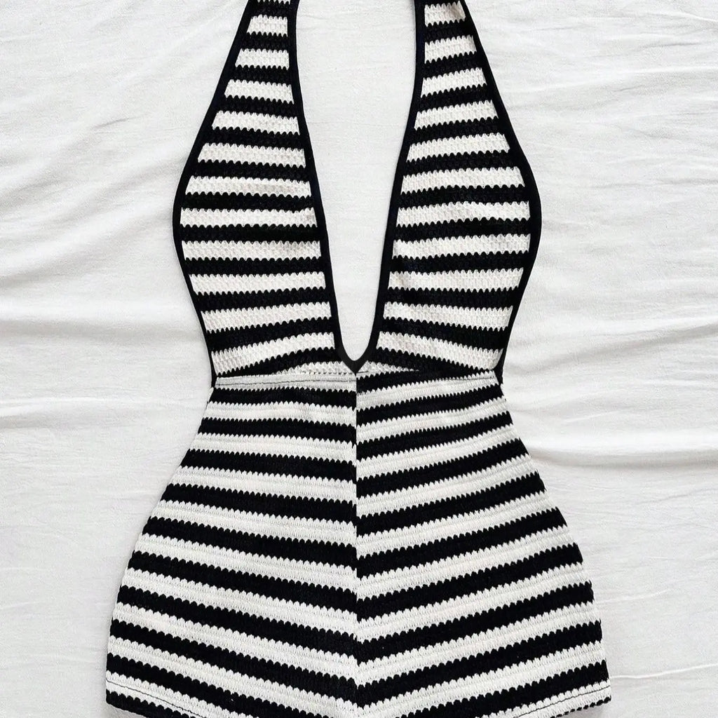 European Style Chic Halter Neck Deep V Backless Romper, Women Casual Striped Bodycon Romper for Summer Beach Vacation, Streetwear