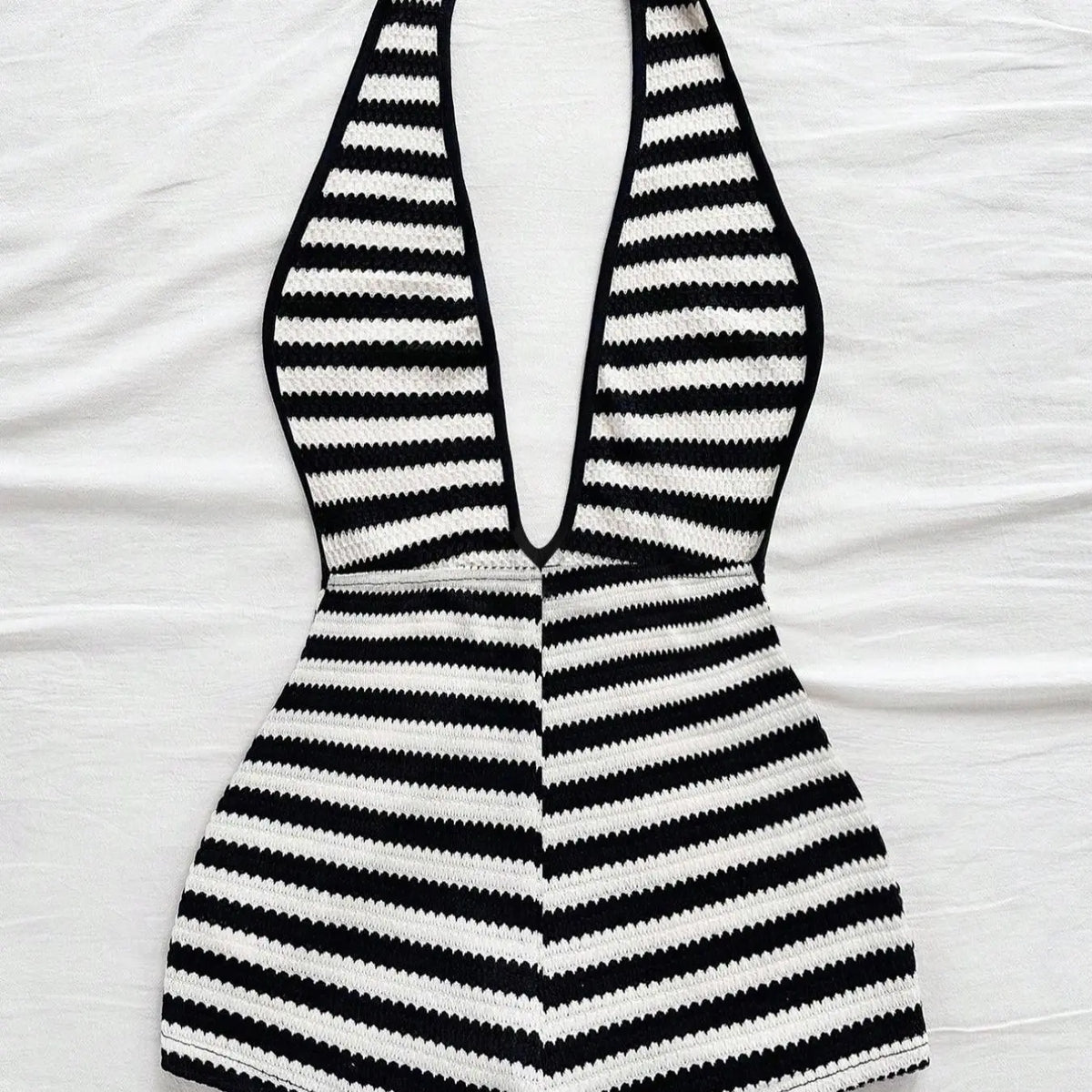 European Style Chic Halter Neck Deep V Backless Romper, Women Casual Striped Bodycon Romper for Summer Beach Vacation, Streetwear