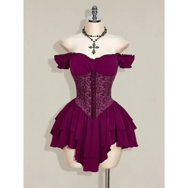 Women's Halloween Gothic Off-Shoulder Chiffon A-Line Mini Dress Costume, Ruched Jacquard Waist, Ruffle Trim, Dark Romantic Spooky Party Outfit