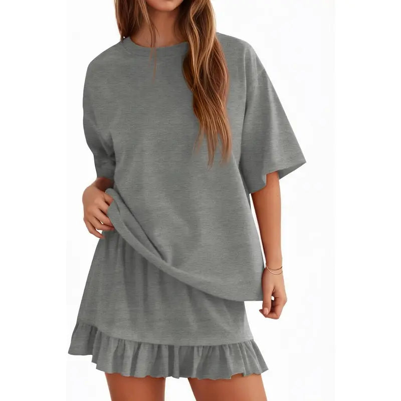 Yousify Women's 2-Piece Minimalist Basic Set - Half Sleeve Crew Neck Top & Casual Mini Skirt, Women's Clothes for Summer Vacation Loungewear, Easy Styling Casual Set