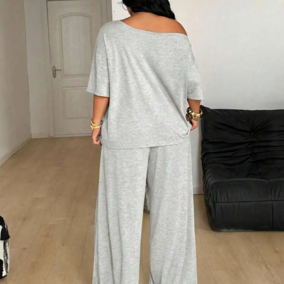 Plus Size Women's Casual Baggy Fit Tee & Pants Set, Comfortable Fabric, Asymmetrical Neckline Top & Wide-Leg Pants, Ideal for Daily Wear & Outdoor Activities, Everyday