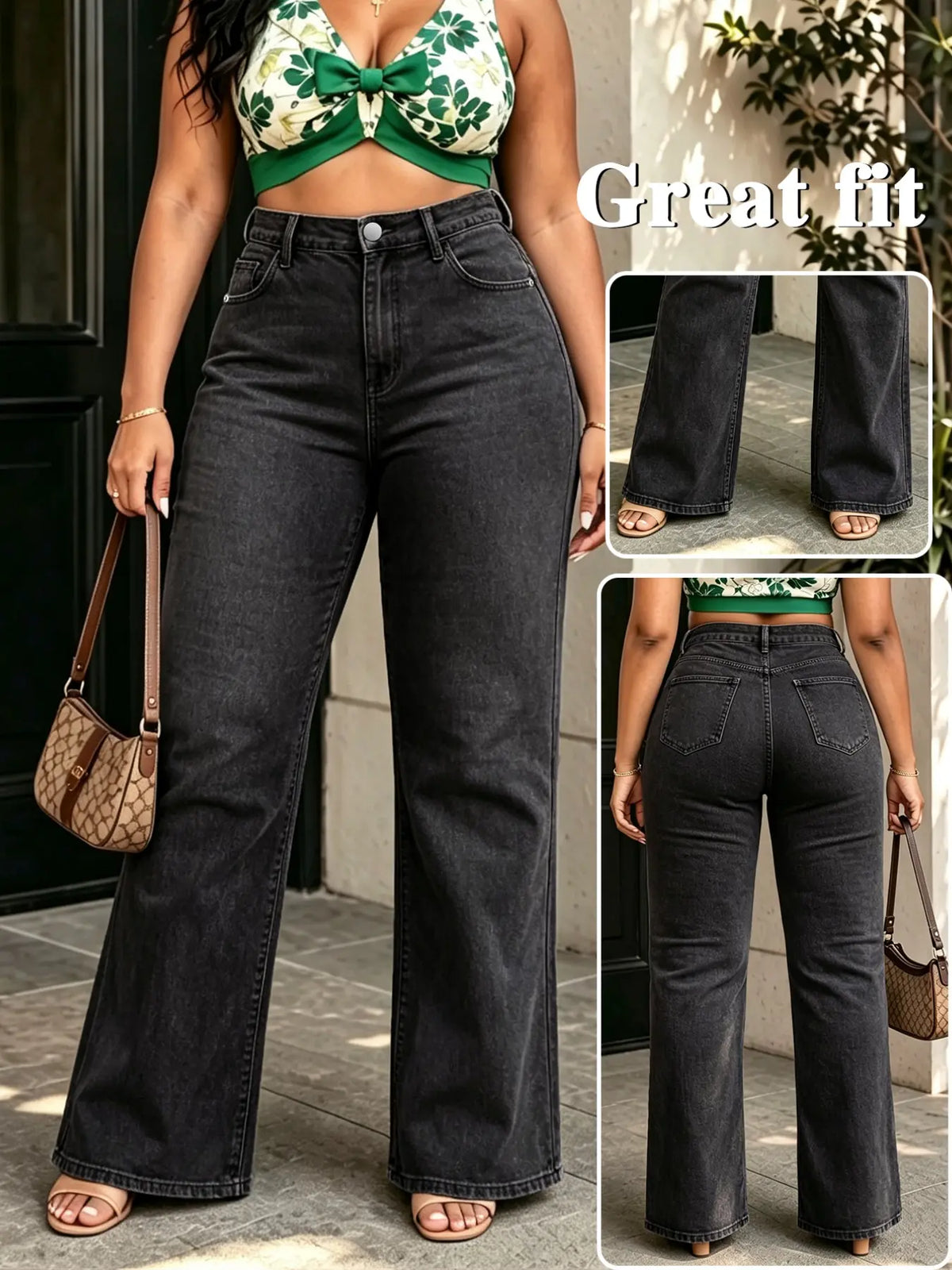 Deep Blue Washed High-Waisted Wide-Leg Denim Jeans, Plus Size Slimming Loose Fit Long Pants, Multiple Colors Available, Fall & Winter Casual Wear