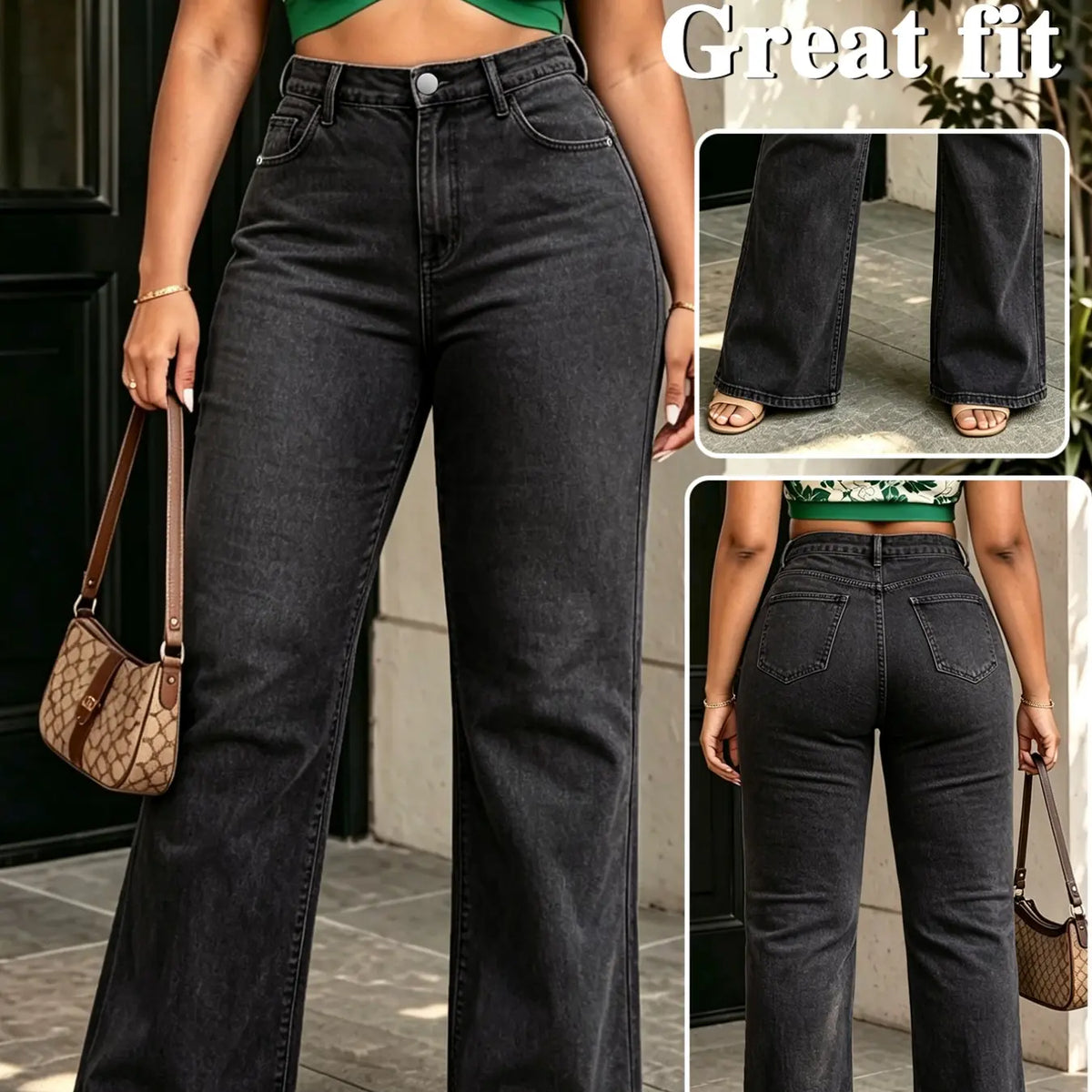 Deep Blue Washed High-Waisted Wide-Leg Denim Jeans, Plus Size Slimming Loose Fit Long Pants, Multiple Colors Available, Fall & Winter Casual Wear