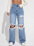 Women's Plain Ripped Jeans, Casual Comfy Pocket Design Frayed Edge Design High Waist Loose Fit Oversized Jeans for Daily Wear, Ladies Bottoms for All Seasons, Baggy Pants, Everyday