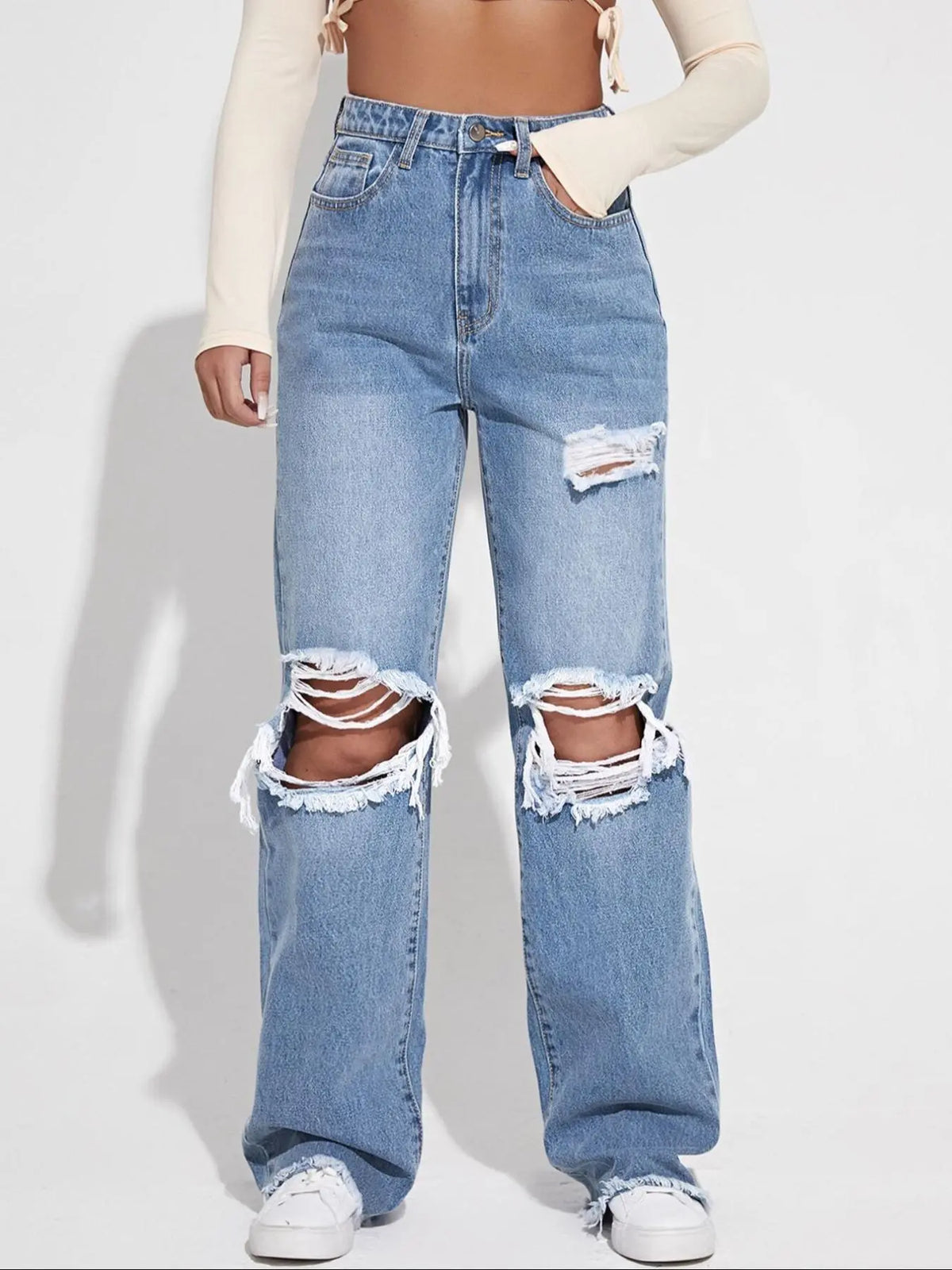Women's Plain Ripped Jeans, Casual Comfy Pocket Design Frayed Edge Design High Waist Loose Fit Oversized Jeans for Daily Wear, Ladies Bottoms for All Seasons, Baggy Pants, Everyday