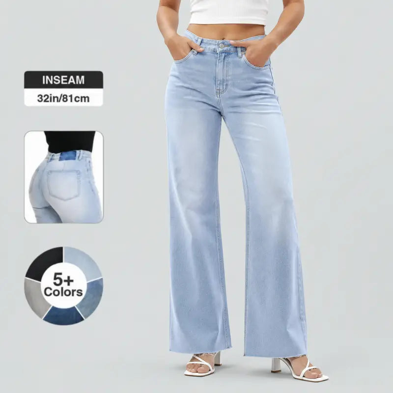 Joy BlueMoment Stretchy BBL Jeans High Waist Wide Leg Denim Pants Raw Hem Tummy Control Butt Lifting Jeans with Pockets Baggy Curve Hugging Fall Fashion 8101