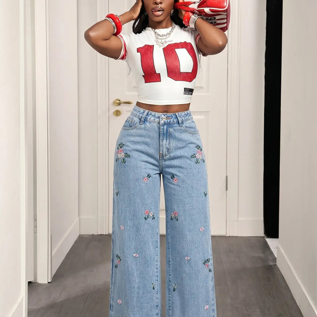 Women's Floral Embroidered Wide Leg Jeans, Casual High Waist Light Blue Washed Loose Fit Straight Pants, Long Denim Trousers, Casual Design Jeans