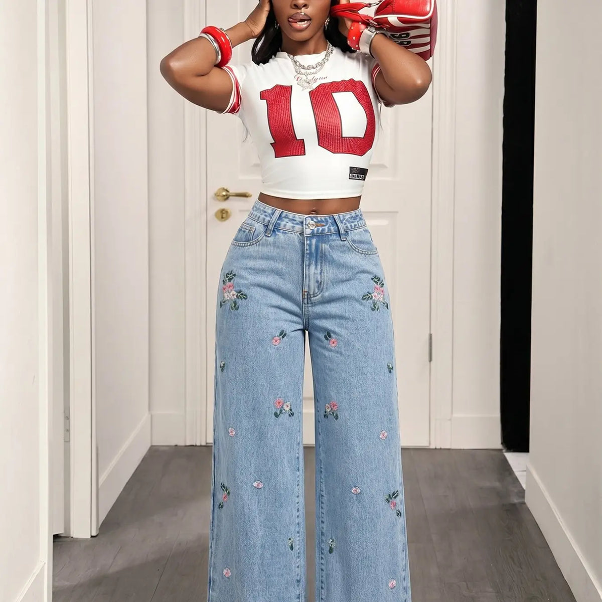 Women's Floral Embroidered Wide Leg Jeans, Casual High Waist Light Blue Washed Loose Fit Straight Pants, Long Denim Trousers, Casual Design Jeans