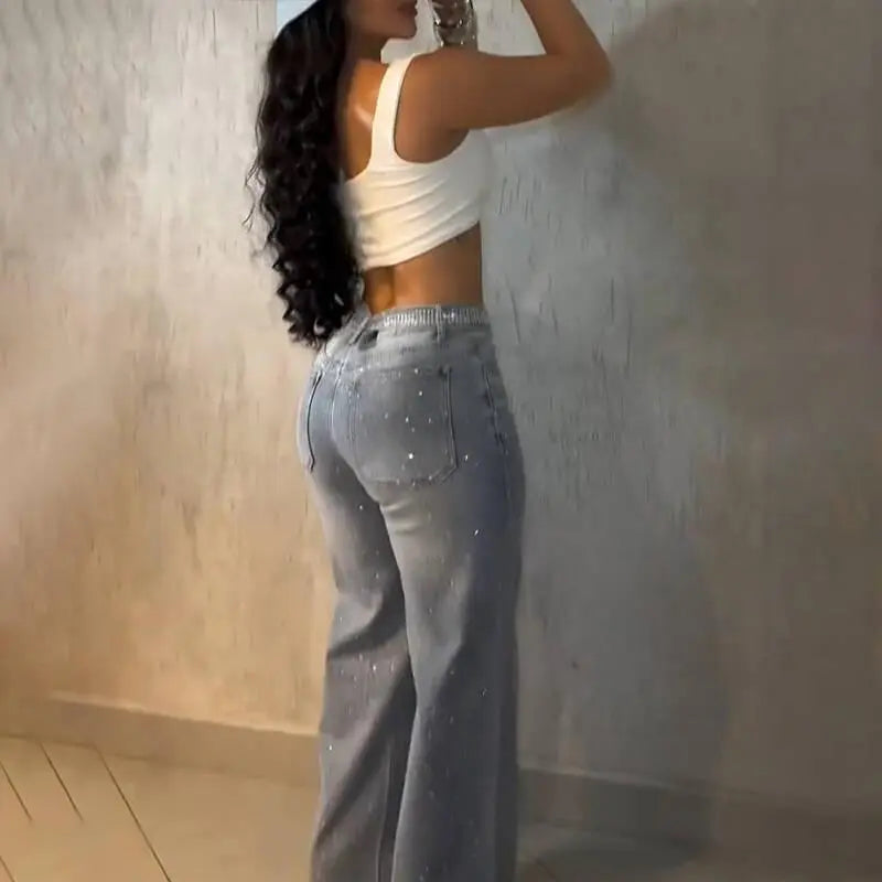 CHICME Women's Allover Rhinestone Decor High-Waist Zipper-Fly Wide-Leg Loose-Fit Denim Jeans, Crystal Accent Belt, Stylish Women's Wear, Feminine Items for Streetwear, Concert Wear