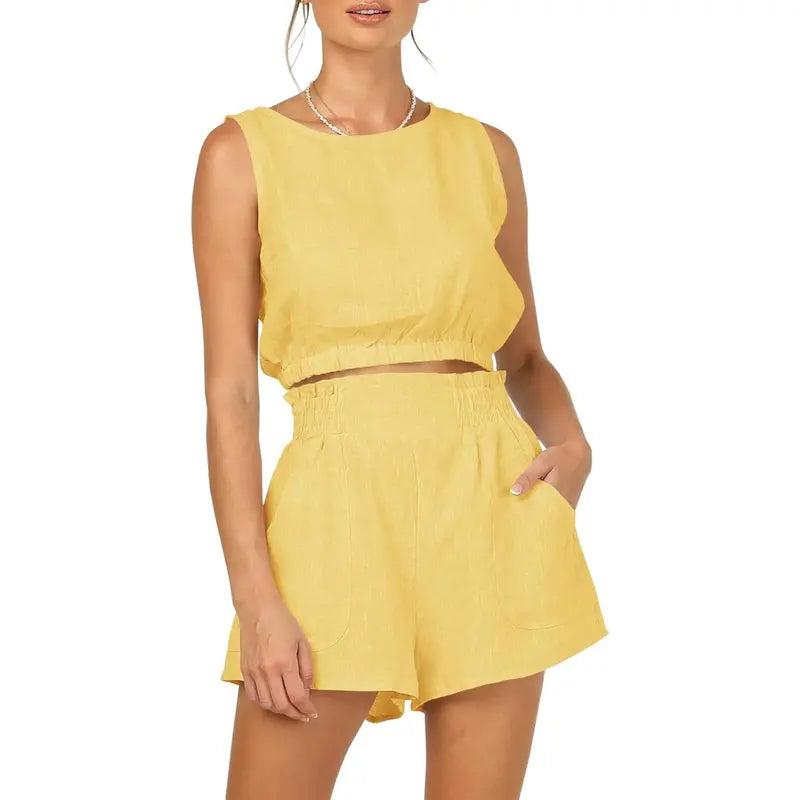 Imily Bela  Women's 2pcs Summer Outfits Sleeveless Crop Tank Top and High Waist Pocketed Shorts Loose 2 Piece Short Sets