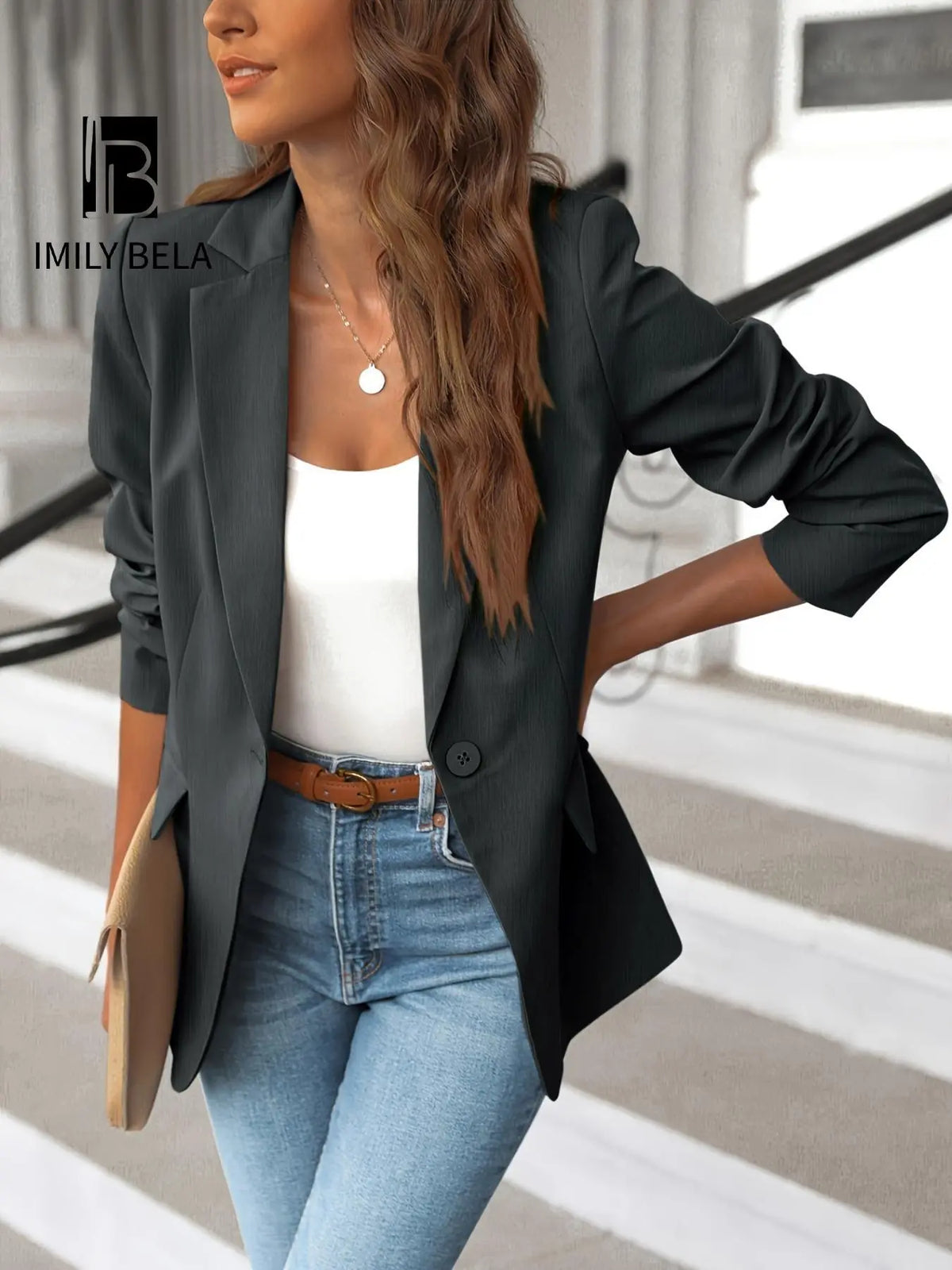 Women's Solid Button Lapel Collar Blazer, Elegant Business Suits Outerwear for Work Office Business, Minimalist Ladies Spring & Fall Clothes, Womenswear, Solid Color Blazer, Office Blazer Jacket, Lapel Neckline Blazer