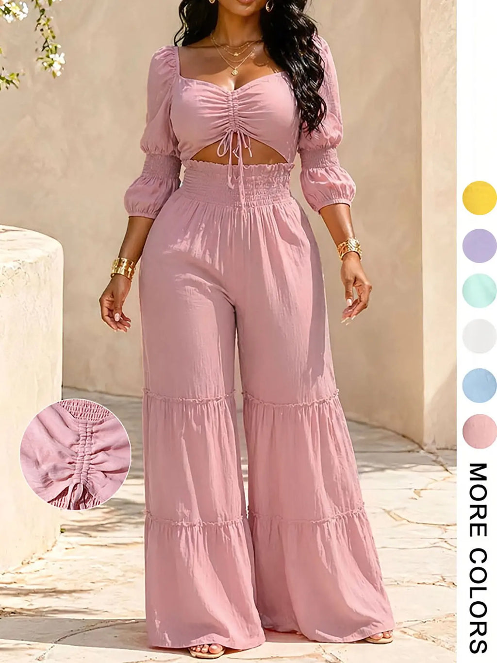 Women's Square Neck Two-Piece Set, Adjustable Drawstring Top and High Waist Wide Leg Pants, French Chic Elegant Style, Essential for Spring & Fall, Casual Chic Set